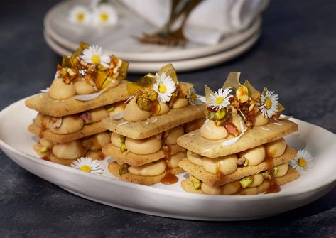 Nutty, Caramel and Chamomile Sable Recipe | Westgold AU Sable Recipe, Dish Magazine, Caramel Praline, Salted Caramel Cake, Layered Dessert, Easter Dinner Recipes, Roasted Nuts, Golden Syrup, Little Cakes