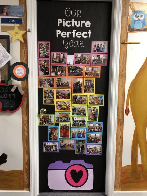 Pictures Bulletin Board Ideas, All About Me Teacher Bulletin Board, Graduation Door Ideas Preschool, Art Work Display Bulletin Board Preschool, End Of The Year Classroom Doors, Picture Wall In Classroom, Tetris Classroom Door, Picture Wall Ideas Classroom, Oh Snap This Years A Wrap Bulletin Board