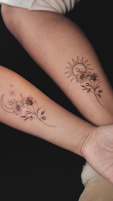 Katherine Vargas on Instagram: "Tag your sister ❤️‍🔥 . . . #matchingtattoo #tat #fineline #explore" Womens Cute Tattoos, Cool Tattoos For Best Friends, Matching Floral Tattoos For Best Friends, Similar Tattoos For Sisters, Sister Tattoo Placement Ideas, Tattoo Ideas For Soul Mates, Sister Wife Tattoos, Tarot Card Best Friend Tattoos, Tattoo Ideas Female For Sisters