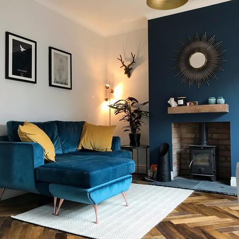 Emma on Instagram: “This is definitely my favourite room and the room that took the most work. We knocked a wall through into the kitchen to create a lounge /…” Navy Living Rooms, Glam Living Room Decor, Blue Couch, Furnitur Ruang Keluarga, Snug Room, Victorian Living Room, Dark Living Rooms, Blue Living Room Decor, Glam Living Room