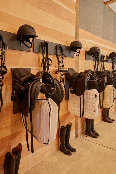 Tour a Private Dressage Facility in the Cascade Mountains - STABLE STYLE Saddle Room Ideas, Rustic Tack Room Ideas, Organized Tack Room, Aesthetic Tack Room, Horse Tack Rooms Western, Fancy Tack Room, Tack Room Layout, Luxury Tack Room, Barn Tack Room Ideas