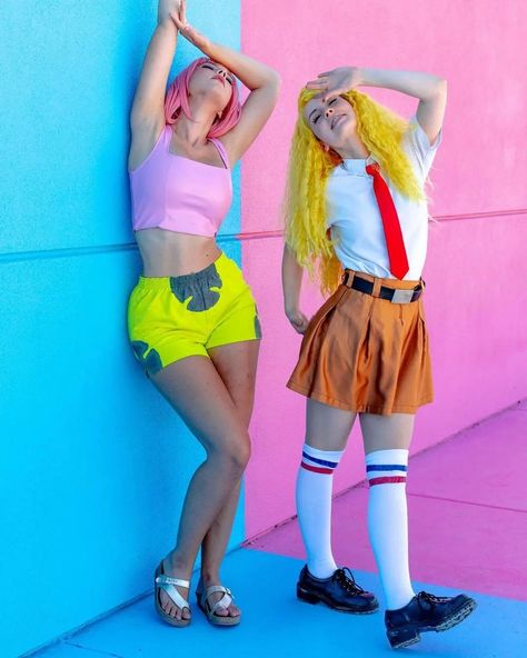 A Pair of Goofy Goobers. 🧽⭐🍍 In honor of the 25th anniversary of @spongebob, here's @raineemery & @halcybella as SpongeBob & Patrick. #SpongebobSquarepants #PatrickStar #SpongebobAndPatrick #Spongebob #Patrick #MrKrabs #Squidward #SandyCheeks #Pearl #MrsPuff #Plankton #GaryTheSnail #BikiniBottom #KrustyKrab #KrabbyPatty #Nickelodeon #NickToon #Nick #SpongebobCosplay #CosplayersOfInstagram #CosplayersOfIG #Cosplayers #Cosplay #PinUp #Cartoon #SpongebobMemes Patty And Selma The Simpsons Costume, Spongebob Costume Women, Fansly Ideas, Pearl Spongebob, Spongebob Cosplay, Spongebob And Patrick Costumes, Pinup Cartoon, Spongebob Outfit, Spongebob Costume