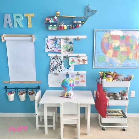 Creative Kids Art Station < From Under a Palm Tree Kids Art Area, Kids Art Corner, Kids Art Station, Kids Art Storage, Kids Art Space, Kids Art Table, Creative Kids Rooms, Toddler Playroom, Playroom Art