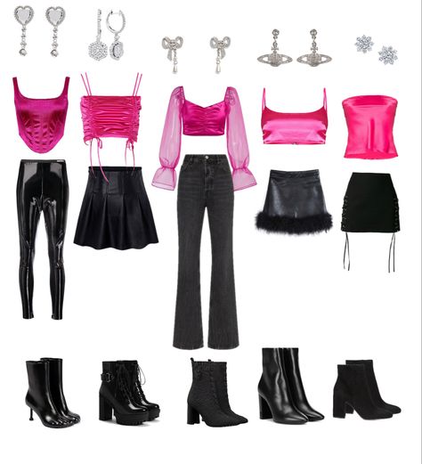 Black Pink Outfits Inspired, Barbie Black Outfit Ideas, Barbie Outfits Black And Pink, Pink And Black Party Outfits, Barbie Pink And Black Outfit, Pink Outfits Aesthetic Concert, Black Pink Fashion Outfit Ideas, K Pop Outfits Black Pink, K Pop Concert Outfit Ideas Blackpink