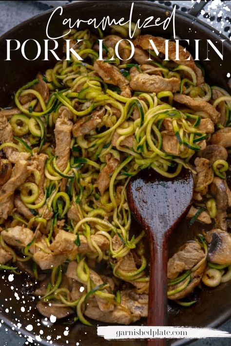 A delicious sweet and spicy pork tossed with fresh zucchini noodles for a healthy yet tasty treat. Caramelized Pork Lo Mein is a quick and simple dinner to satisfy your take-out craving. #spiralized #lomein #porkrecipe Lo Main, Sweet And Spicy Pork, Pork Chorizo, Caramelized Pork, Fresh Zucchini, Chinese Vegetables, Mapo Tofu, Ketosis Diet, Lo Mein