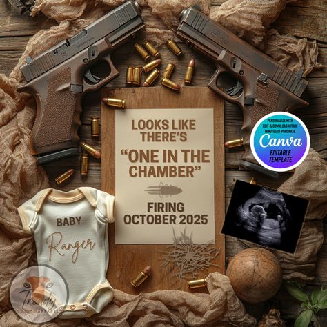 Get ready to announce your pregnancy in style with our customizable Glock-themed digital pregnancy announcement template. Perfect for gun enthusiasts, personalize with your own details like baby's last name, due date, and sonogram photo. Easily edit in Canva with font and color choices. Choose between editing yourself and downloading within minutes or let us do the work for you. Share with family, friends, and on all social media platforms. Stand out with Trendy Custom Apparel. Youre An Aunt Announcement, Half Baked Baby Announcement, Pregnancy Announcement To Husband Surprise Baby 2, Baby Announcement For Christmas, Car Theme Gender Reveal Ideas, Lego Baby Announcement, The Grand Finale Pregnancy Announcement, Baby Reveal Ideas For Parents, Pregnancy Announcement February 2025