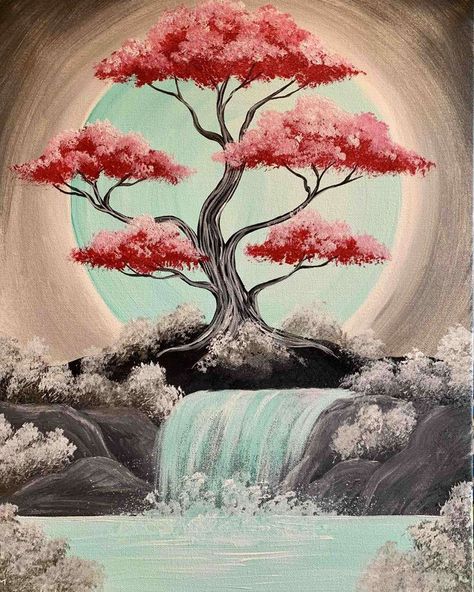 View Sketch Nature, Bonsai Tree Painting Acrylic, Cherry Blossom Painting Acrylic, Cherry Blossom Drawing, Avatarul Aang, Cherry Blossom Painting, Cherry Blossom Art, 흑백 그림, Canvas Painting Designs