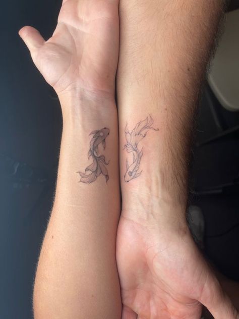 Couple Tattoos Yin And Yang, Koi Fish Tattoos Matching, Uncommon Matching Tattoos, Yin Yang Tattoo Ideas Couple, Yin And Yang Sister Tattoos, Tattoo Ideas Couples Unique, Best Friend Tattoos On Wrist, Ying Yang Koi Fish Tattoo Matching, Matching Tattoo Inspiration