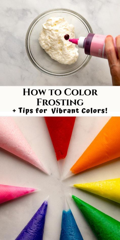 This tutorial shows you the best way to color buttercream frosting, including creating both pastels and vibrant colors – perfect for cakes and cupcakes! How To Color Buttercream Frosting, Coloring Buttercream Frosting, Blue Buttercream Frosting, Homemade Cake Frosting, Frosting Color Chart, Buttercream Flavors, Frosting Color Guide, Diy Frosting, Icing Color Chart