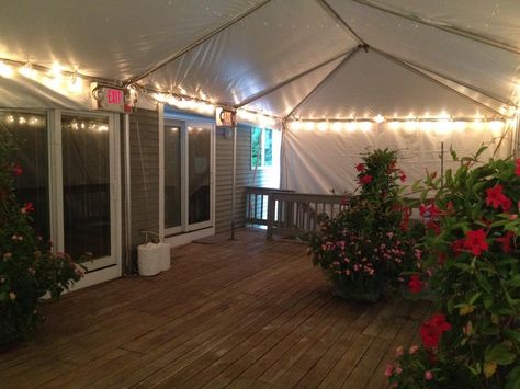 Tent installed over deck connected to house Backyard Party Tent, Backyard Wedding Food, House Party Aesthetic, Backyard Party Ideas, Budget Flowers, Party Seating, Gingerbread Party, Backyard House, Backyard Water Feature