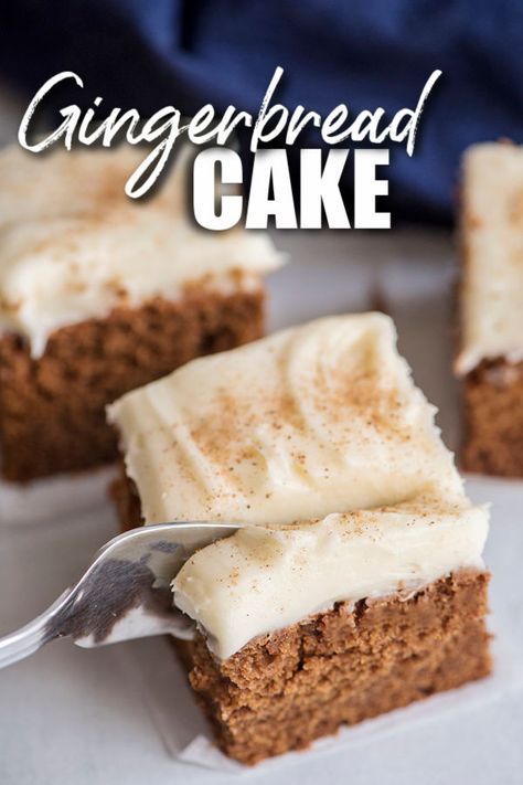 Grab your cinnamon, nutmeg, and allspice and make this tender and flavorful gingerbread cake topped with a cream cheese frosting from scratch in under an hour! | www.persnicketyplates.com Gingerbread Cake With Cinnamon Frosting, Gingerbread Sheet Cake, Easy Gingerbread Cake, Frosting From Scratch, Spicy Cake, Fluffy Cream Cheese Frosting, Gingerbread Cake Recipe, Baked Items, Easy Gingerbread