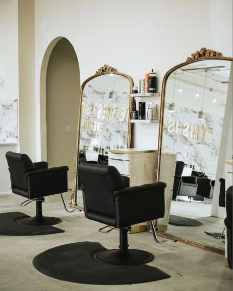 AltaR’d Salon | #myminerva Black Salon Chairs Interior Design, Gold Mirror Salon Station, Black Salon Chairs, Two Chair Salon Suite, Full Length Mirror Salon Station, Black Hair Salon Decor, Blow Dry Bar Ideas Salons, Upscale Salon Decor Ideas, Salon Chair Design