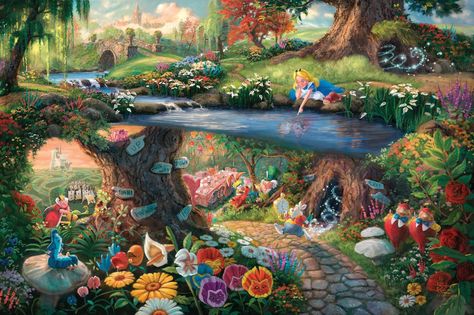 Alice In Wonderland Computer Wallpapers - Wallpaper Cave Kinkade Disney, Thomas Kinkade Disney, Wonderland Aesthetic, Disney Frames, Fairy Drawings, Disney Alice In Wonderland, Unique Art Prints, Horror Movie Posters, Thomas Kinkade