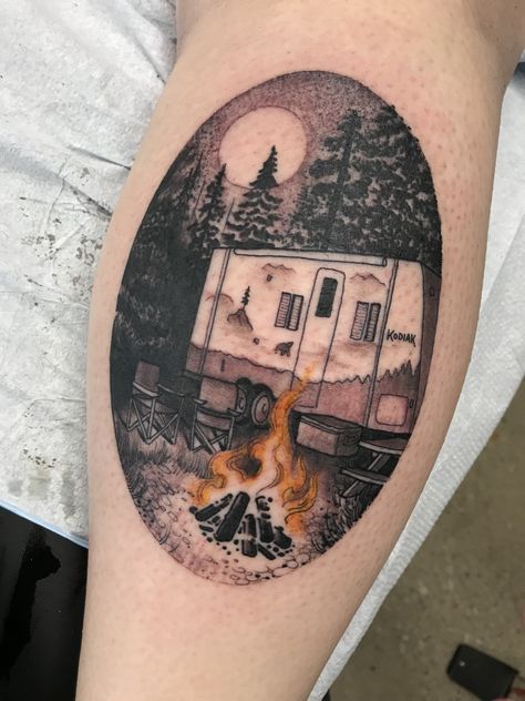 Camping tattoo Camping Tattoo Ideas, Tattoos Calf, Grandpa Tattoo, Elvis Tattoo, Camping Tattoo, Tattoos Watercolor, Lantern Tattoo, Fire Tattoo, Drawing Tattoo