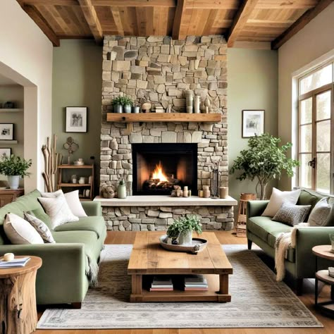 25 Rustic Sage Green Living Room Ideas To Get Inspired Sea Foam Green Couch Living Room, Sage And Cream Living Room Decor, Neutral Living Room Sage Green, Modern Cottage Sitting Room, Cottagecore Home Aesthetic Living Room, Earthy Cabin Decor, Green And Off White Living Room, Green Family Room Walls, Green And Oatmeal Living Room