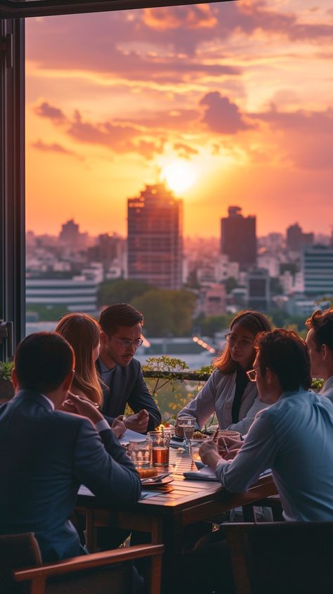 Sunset Business Meeting: A group of professionals engaged in a meeting at a restaurant with a beautiful sunset backdrop. #sunset #business #meeting #professionals #restaurant #cityscape #colleagues #discussion #aiart #aiphoto #stockcake https://ayr.app/l/Bpy9 Team Meeting Aesthetic, Meeting Aesthetic, Sunset Restaurant, Sunset Backdrop, Corporate Life, Business Dinner, Sunset Party, Staff Party, Corporate Meeting