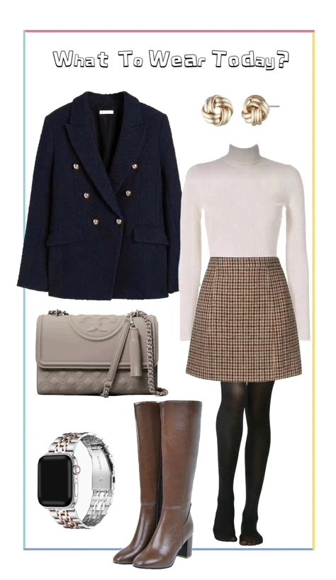 Casual Preppy Work Outfits, Brown Boots Autumn Outfit, Skirt With Knee High Boots Fall Outfits, Turtleneck Mini Skirt Outfit, Navy Dress Brown Boots, Navy Blazer Fall Outfit, Navy Leather Skirt Outfit, Plaid Pencil Skirt Outfit Winter, Navy Blue Dress Fall Outfit