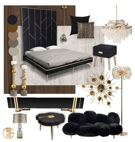 Your bedroom can be both calming and dramatic with a little innovation and creative planning! A stunning glam master bedroom in black, white, and gold that is sure to turn attention. Bedroom Design Mood Board, Bedroom In Black, Mood Board Bedroom, Sims 4 Cc Furniture Living Rooms, Design Mood Board, Sims 4 Bedroom, Luxury Bedroom Furniture, Gold Furniture, Black White And Gold