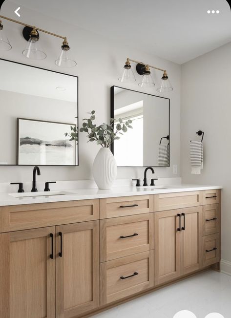 Natural Wood Bathroom Vanity With Black Hardware, Light Bathroom Cabinets, Double Sink Master Bath Vanity, Dual Vanity Bathroom Ideas, White And Wood Bathroom, Bathroom With White Cabinets, Bathroom Cabinet Ideas, Oak Bathroom Cabinets, White Oak Kitchen