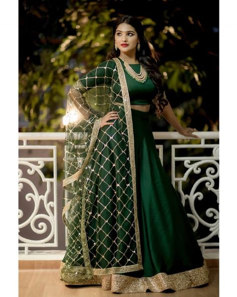 Shop Exotic Ethnic Wear Designs for This Season • Keep Me Stylish Dark Green Lehenga, Lehenga Saree Design, Function Dresses, Simple Lehenga, Mehendi Outfits, Lehnga Dress, Green Lehenga, Half Saree Designs, Long Dress Design