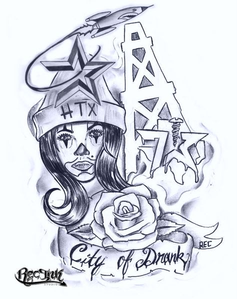 H-Town Clown Woman Tattoo, City Tattoo Design, Houston Texas Tattoos, Clown Woman, Town Tattoo, Texas Tattoo, Houston Tattoos, Black Men Tattoos, Chicano Tattoos Sleeve