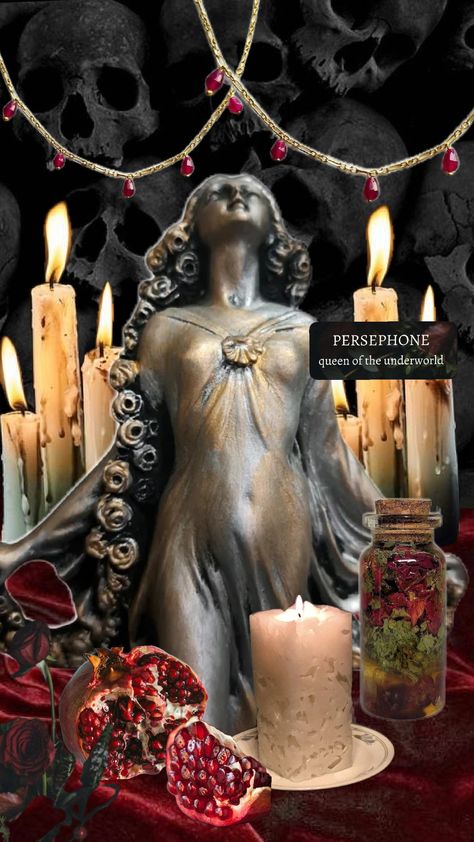 PERSEPHONE ALTAR INSPIRATION #pagan #altar #persephone Hades And Persephone Altar, Persephone Alter Ideas, Persephone Shrine, Hades Altar Ideas, Persephone Bedroom, Persephone Altar Ideas, Persephone Deity, Persephone Alter, Hades Altar