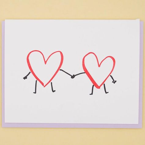 Hearts Holding Hands Card Hearts Holding Hands Tattoo, Cute Things To Draw For Your Boyfriend Creative, Valentines Card Painting, Cute Simple Card Ideas, Letters Of Love Cards For Kids, Love Letter Design Ideas Cards, Holding Hands Doodle, Hand In Hand Drawing, Stick Figures Holding Hands