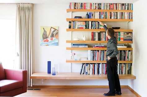 Floating Shelves Books, How To Make Floating Shelves, Wall Shelving Systems, Ikea Floating Shelves, Long Floating Shelves, Floating Books, Reclaimed Wood Floating Shelves, Oak Floating Shelves, Floating Shelf Decor