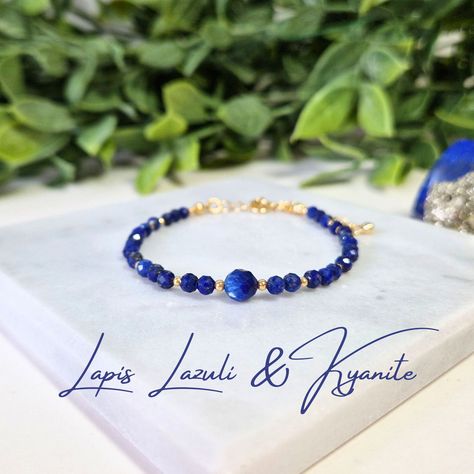 The bracelet is made of Natural Gemstones.  - Lapis Lazuli  - Kyanite ( central, bigger bead )  - Gold Vermeil (Gold Plated 925 Sterling Silver) Beads and Findings  Bracelet Length: 15cm + 5 cm extension chain.  It will be shipped with a velvet gift bag. Lapis Lazuli Bracelet, Lapis Lazuli Beads, Crystal Bracelet, Gemstone Bracelets, Sterling Silver Bead, Gold Plated Sterling Silver, Crystal Bracelets, Silver Beads, Lapis Lazuli