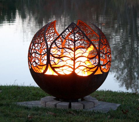 Autumn Leaf Fire Pit Sphere Fire Pit Sphere, Diy Fire Pit Ideas, Fire Pit Gallery, Fire Pit Materials, Custom Fire Pit, Outdoor Fire Pit Designs, Fire Pit Furniture, Autumn Sunset, Steel Fire Pit