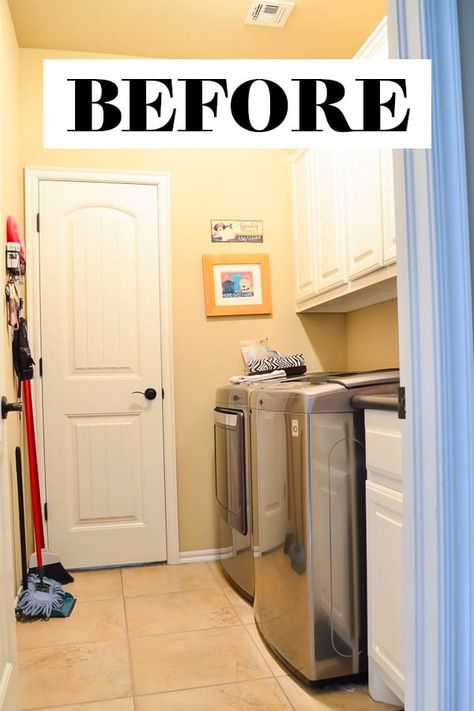 This small builder basic laundry room was beige and dysfunctional. You wouldn't believe what it looks like now after a total DIY renovation! Laundry Room Coat Closet Combo, Laundry Room Design With Sink And Storage, Laundry Room With Black Door, Laundry Room Ideas Garage Entry, Small Laundry Room Wallpaper Ideas, Laundry Room Drop Zone Ideas, Laundry Room Built In Cabinets, Diy Utility Room, Small Laundry Room Ideas Top Loaders