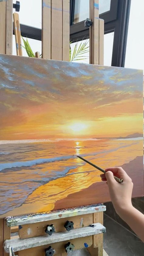 Easy Painting On Canvas, Ocean Landscape Painting, Ocean Art Painting, Canvas Painting For Beginners, Sunset Canvas Painting, Sunset Painting Acrylic, Beach Art Painting, Sky Art Painting, Orange Painting