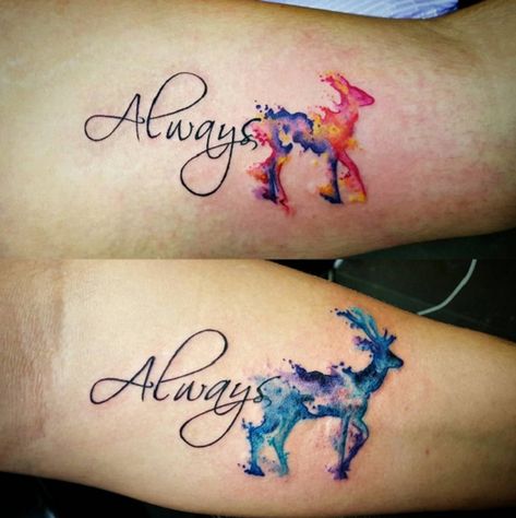 Expecto Patronum Tattoo, Doe Tattoo, Always Tattoo, Le Tattoo, Cute Couple Tattoos, Couple Tattoos Unique, Couples Tattoo Designs, Harry Potter Tattoos, Парные Тату