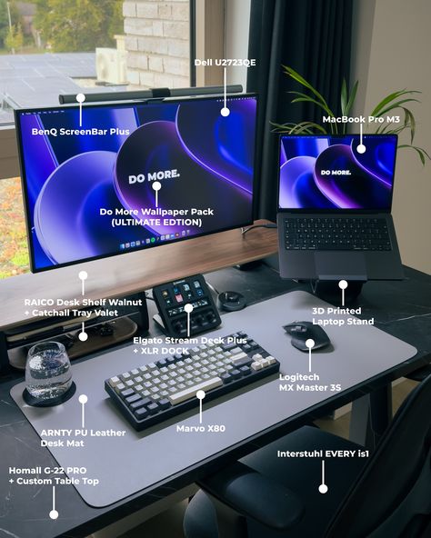 Updated Desk Setup Specs – September Edition👇 Get the DO MORE Wallpaper Pack (ULTIMATE EDITION) in my bio! ✅ The tabletop is custom-made from a local DIY store (HUBO) here in Belgium, with dimensions of 160cm x 70cm. The 3D-printed laptop stand is from Maker World, called “The Impossible Laptop Stand v2.” Like and follow @clean.desk.setup for your daily dose of desk inspiration! ✨ #DeskSetup #Workspace #Productivity #HomeOffice #OfficeInspiration #Minimalist #DeskDecor #WorkspaceInspiration Macbook Air M2 Desk Setup, Minimalist Laptop Setup, Laptop Gaming Setup Ideas, Developer Desk Setup, Desktop Set Up, Laptop Set Up, School Desk Setup, Aesthetic Table Setup, Desktop Setup Ideas