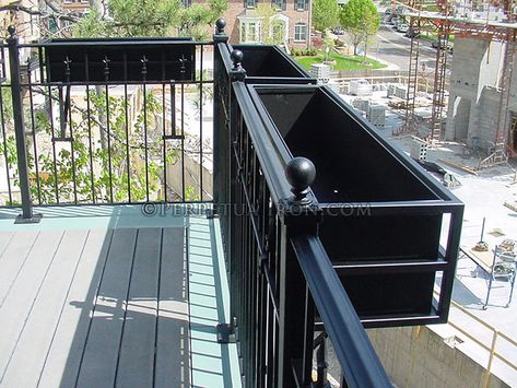 A fabricated steel flower box hanging on a balcony railing. Balcony Planter Boxes, Railing Planter Boxes, Balcony Railing Planters, Deck Railing Planters, Balcony Planters, Railing Planters, Balcony Railing Design, Small Balcony Garden, Railings Outdoor