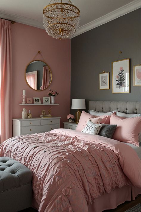 Paint Color Room Ideas, Pink Chic Bedroom Decor, Pink Bedroom Furniture Ideas, Pink And Charcoal Bedroom, Bright Room Colors Bedrooms, Room Ceiling Design Bedroom, Gray Room With Pink Accent Wall, Cool Colors To Paint Your Room Bedroom, Room Ideas Aesthetic Pink Walls