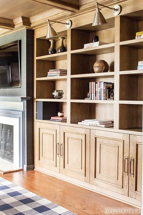 Great natural wood bookcases and library lights Library Cabinets Built Ins, Maple Built Ins, Light Wood Built Ins, Natural Wood Built In Bookshelves, Wood Built Ins Office, Home Office Natural Wood, Natural Wood Bookshelves, Natural Wood Built Ins Living Room, Natural Wood Built Ins