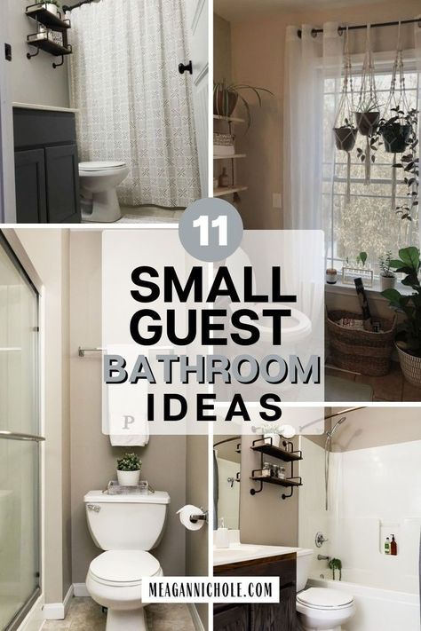 If you're looking for ways to decorate your small guest bathroom, get inspired by this list of small guest bathroom decor ideas. Maybe a small guest bathroom remodel isn't necessary! Avoid a remodel by using these budget-friendly guest bathroom decor ideas for your hall bathroom or half bath. Check out why I chose our small guest bathroom as the first room to decorate. Get all the small guest bathroom inspiration you need here at MeaganNichole.com Bathroom Toilet Decor Ideas, Guest Bathroom Ideas One Sink, Classy Guest Bathroom Ideas, Guest Bathroom Ideas Simple, Guest Bath Ideas Modern, Guest Bathroom Wall Decor Ideas, Stock Guest Bathroom, Vintage Guest Bathroom Ideas, How To Decorate A White Bathroom