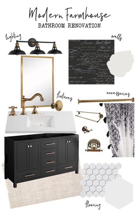 Modern Bathroom Mood Board, Modern Farmhouse Renovation, Modern Farmhouse Bathrooms, Farmhouse Style Rugs, Bathroom Mood Board, Boy Bathroom, Modern Vintage Bathroom, Farmhouse Window Treatments, Farmhouse Wall Sconces