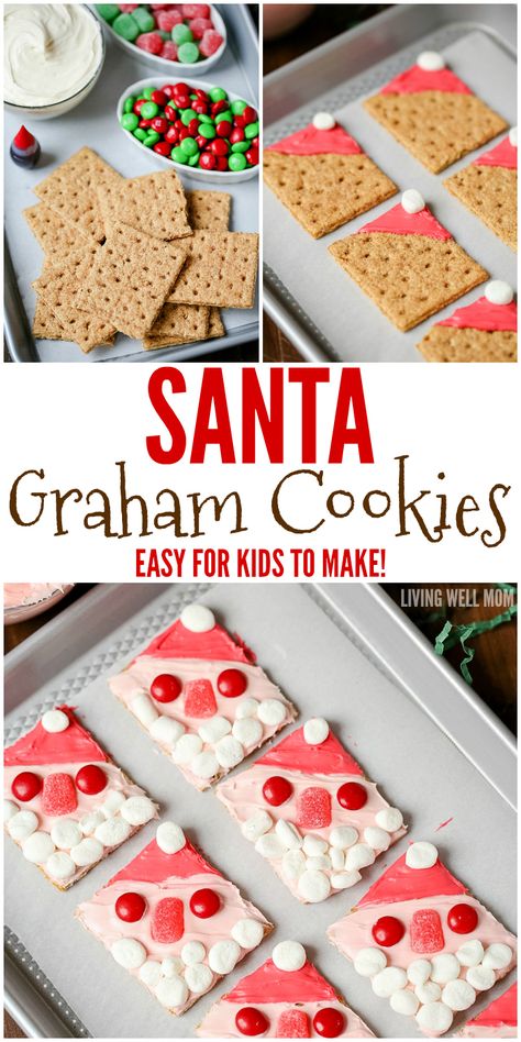 With no baking involved, Santa Graham Cookies are a perfect easy Christmas cookie recipe for kids to make. They’ll love decorating their cookies as much as they will eating them! Christmas Cookies Kids, Graham Cookies, Cookie Recipes For Kids, Christmas Cookie Recipe, Easy Christmas Cookie Recipes, Recipe For Kids, Kids Cooking Recipes, Christmas Cookies Easy, Santa Cookies