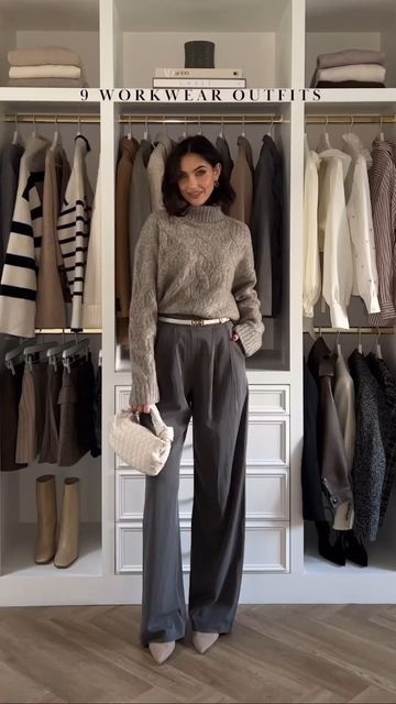 LILYSILK on Instagram: "9 minimal office outfits for Autumn/Winter 🍂 Styled by @sophiemoulds 🔎Cable-Knit Cashmere Turtleneck Sweater:8122 🔎Striped Round Collar Cashmere Sweater:8103 🔎Striped Ultra-fine Merino Wool Sweater:8357 🔎Wide Leg Wool-flannel Suit Trousers:9942 🔎Cashmere Cowl Neck Sweater:8322 #lilysilk #Livespectacularly #LILYSILKFW23 #JoyfulSoiree" Outfits For Autumn, Minimal Office, Office Outfits, Autumn Winter, Work Wear, Closet, Clothes