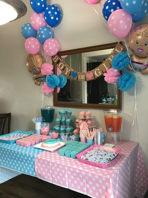 Gender reveal treat table Gender Reveal Schedule, Table Decor For Gender Reveal Party, Gender Reveal Treat Table Ideas, Gender Reveal Treats Table, Gender Reveal Ideas Table Decor, Home Gender Reveal Ideas, Gender Reveal Treat Ideas, Gender Reveal Tables, Quick Gender Reveal Ideas