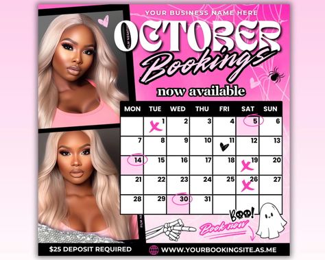 October Booking Flyer, October Calendar, October Books Open, October Appointments Available, Halloween Booking Flyer, October Hair Braids Makeup Nails Lash Wigs MUA Wax Locs DIY Social Media Canva Template  Edit the template with the free graphic design tool, Canva and you can create a beautiful, eye catching design to promote your business in just minutes. WHAT IS INCLUDED * Canva template in size : 1080x1080 px. * Instant download. After purchase, you will receive an email with a link to downl October Bookings Available, Mua Flyer, Makeup Calendar, October Hair, Open Appointments, Calendar October, October Books, Diy Social Media, Booking Flyer