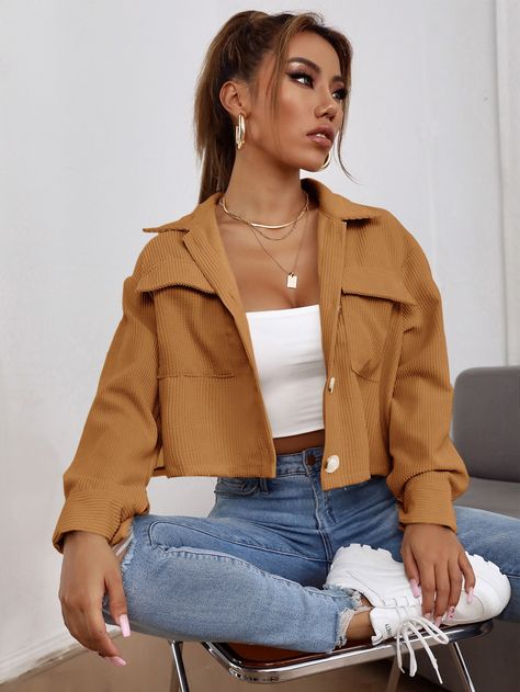 Rust Brown Casual  Long Sleeve Corduroy Plain Other  Non-Stretch Fall/Winter Women Outerwear Brown Crop Jacket Outfit, Cute Outfits With Jackets, Crop Top Jacket Outfits, Brown Crop Jacket, Cropped Jacket Outfit, Code Dress, Crop Top Jacket, Walking Outfits, 90s Inspired Outfits