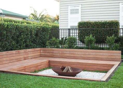 Sunken Firepit with Built-in Timber Seating (with storage underneath) | Garden Sunken Fire Pits, Outdoor Fire Pits, Outdoor Fire Pit Designs, Fire Pit Landscaping, Fire Fire, Fire Pit Seating, Garden Fire Pit, Fire Pit Area, Fire Pit Designs