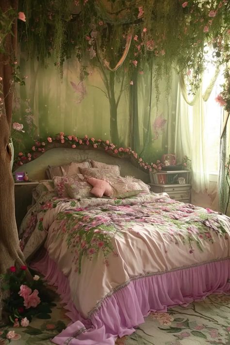 25 Magical Fairy Bedroom Ideas for a Touch of Whimsy - Roomy Retreat Fairy Bedroom Wallpaper, Floral Bedroom Aesthetic Vintage, Flower Bedroom Aesthetic, Fairy Aesthetic Bedroom, Ethereal Bedroom Aesthetic, Fairy Bedroom Ideas For Kids, Fairy Bedroom Ideas For Adults, Fairy Bedroom Aesthetic, Fairy Rooms