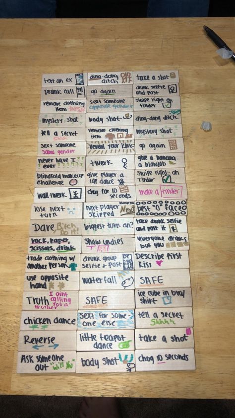 Homemade Jenga Game, Jenga Games For Adults, Jenga Drinking Game Diy Dirty, Fun Jenga Ideas, Spicy Jenga, Homemade Games For Adults, Drinking Jenga List, Drunk Jenga Ideas Dirty, Party Jenga Drinking