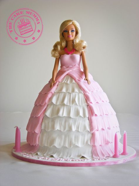 Barbie Cake - A gorgeous birthday cake for a 4 year old girl.  Barbie is chocolate cake filled with chocolate ganache and covered in fondant. Birthday Cakes Barbie, Barbie Birthday Cakes, Dolly Varden Cake, Princess Doll Cake, Barbie Doll Birthday Cake, Barbie Doll Cake, Homemade Flour, Barbie Birthday Cake, Birthday Barbie