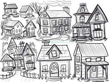 Drawing Houses and Textures guide by ashcanworks | TpT Drawing Houses Architecture, Step By Step House Drawing, Nature House Drawing, Suburban House Drawing, Doodle Houses Drawing, How To Draw Houses, Cottage House Drawing, Small House Drawing, House Line Drawing