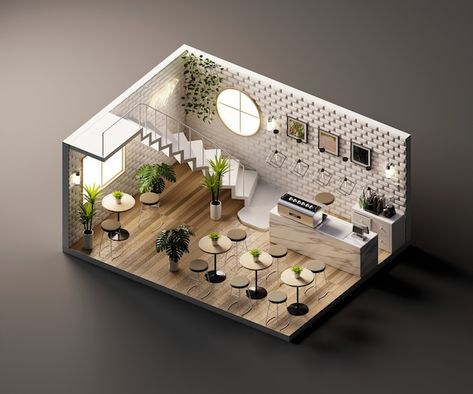 Cafe 3d Design, Classic Cafe Interior, Isometric Building, Minimal Cafe, Cafe Store, Cafe Shop Design, House Floor Design, Inside Interiors, Architecture 3d